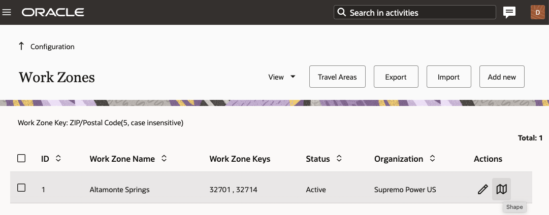 This screenshot shows the Work Zones page that shows the new icon for the Shape option.