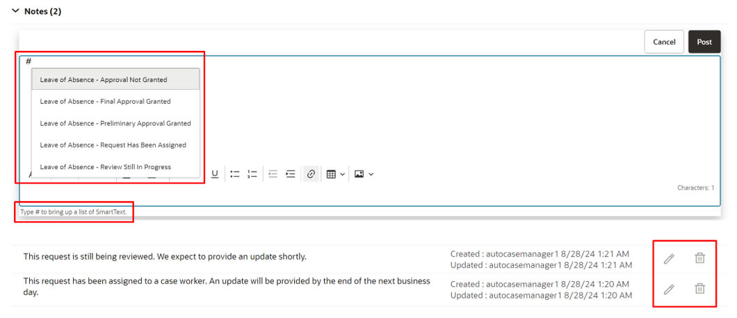 Screenshot of Case Notes with Smarttext and Edit and Delete in the Case Details Page