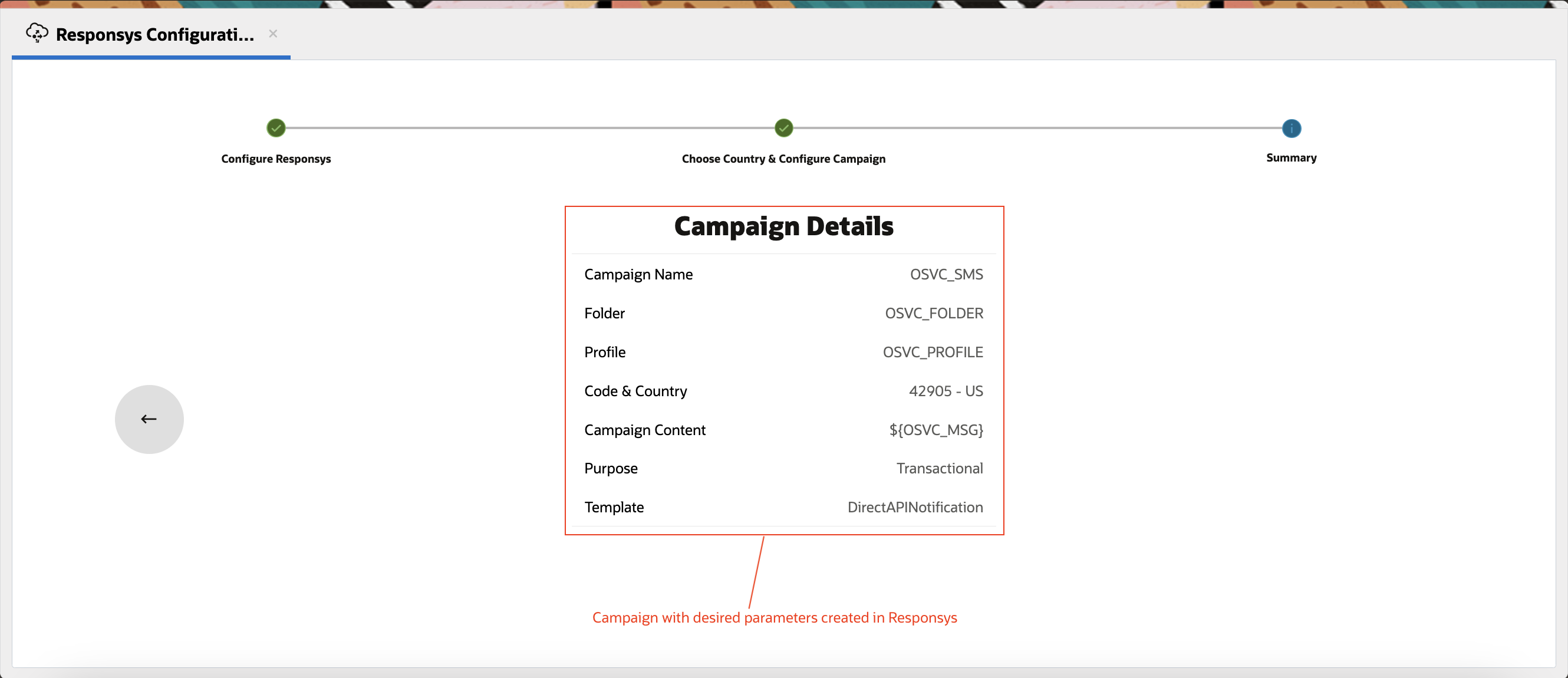 Summary screen with Campaign details
