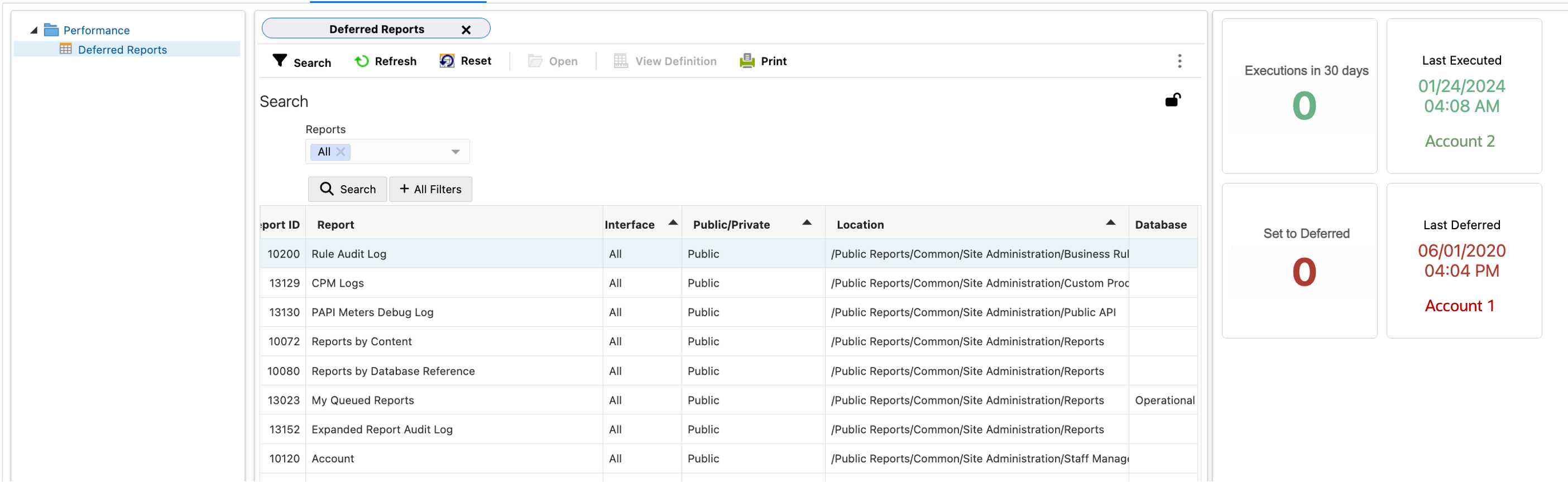 Report Management Deferred reports statistics UI