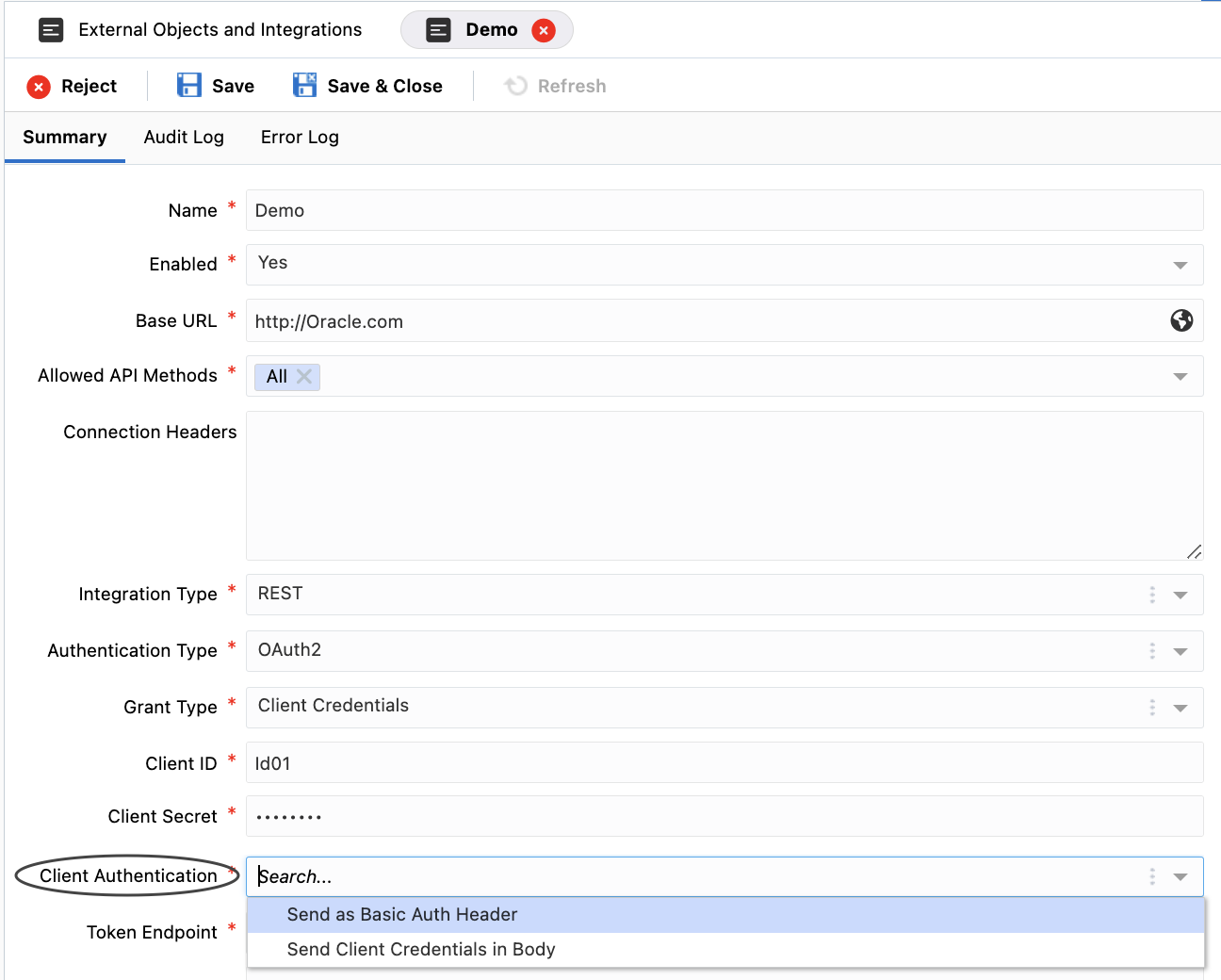External Objects & Integration config UI with the new option