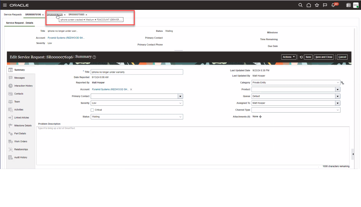 Hover Over Text on Service Requests in Classic UI