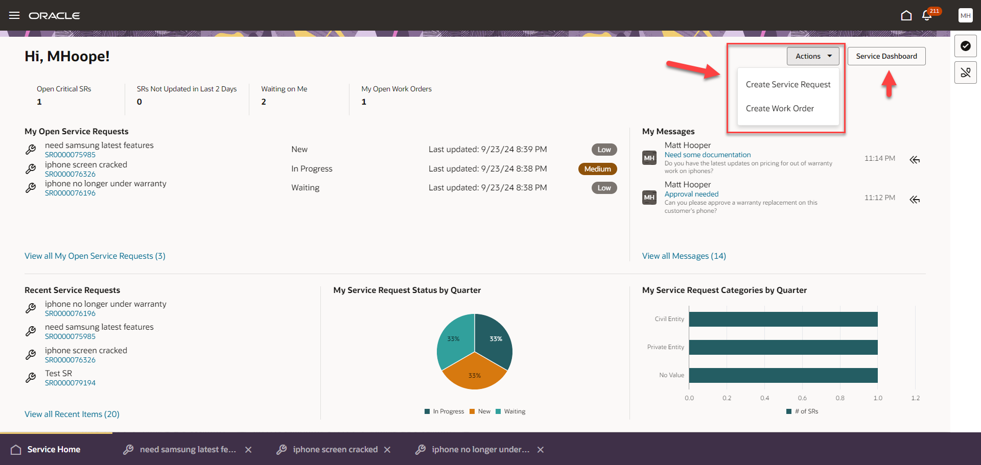 Two New Actions in Service Center Home Page