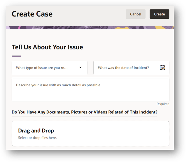 Screenshot of the Employee-friendly Create Case Page in 25A