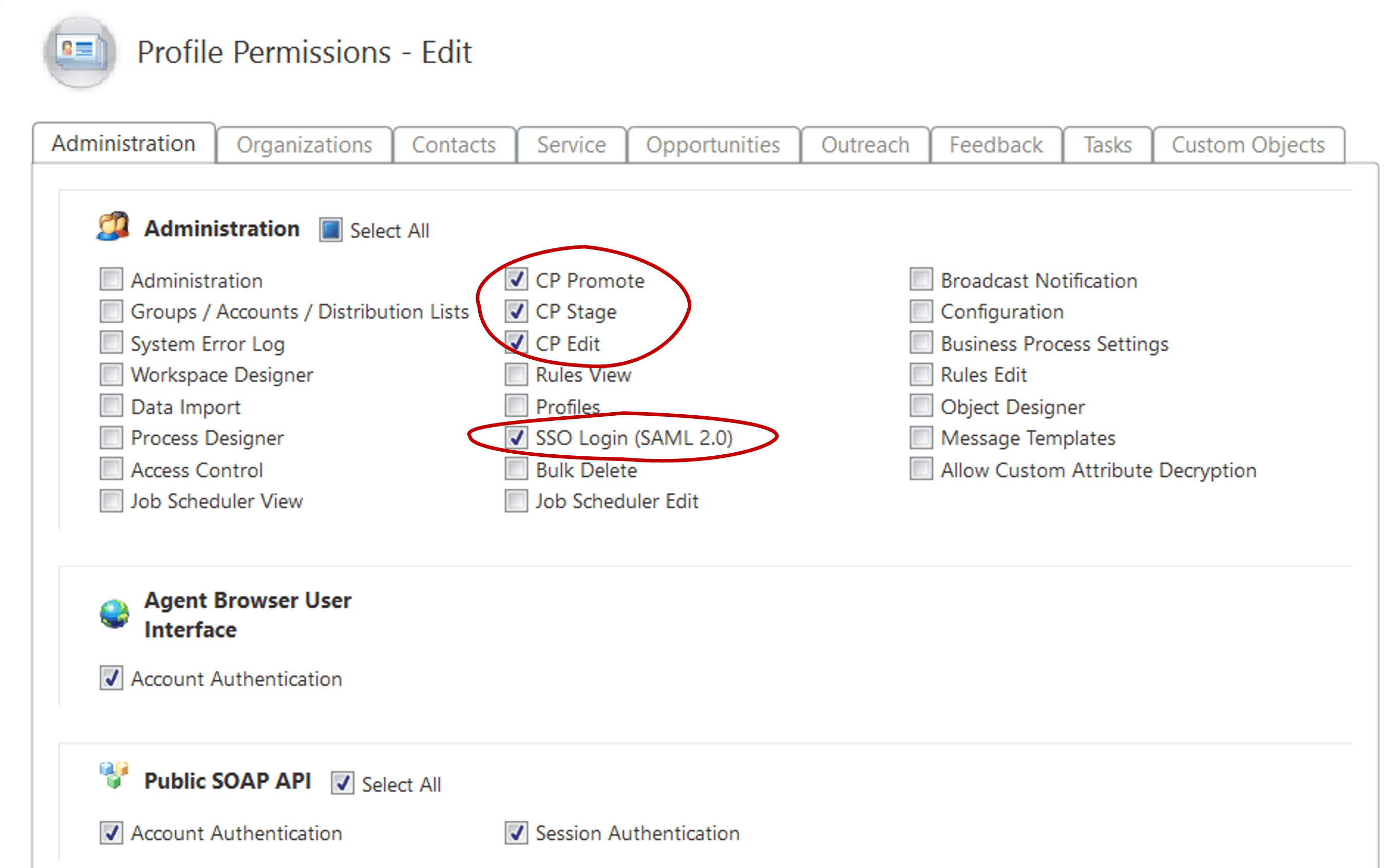 Profile permissions updates for CP admin SSO login