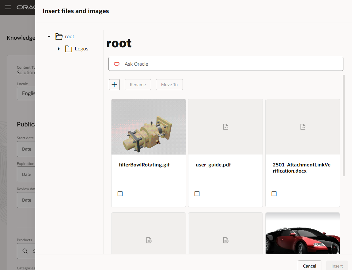 Screenshot showing the authoring aspect of inserting a file into an article