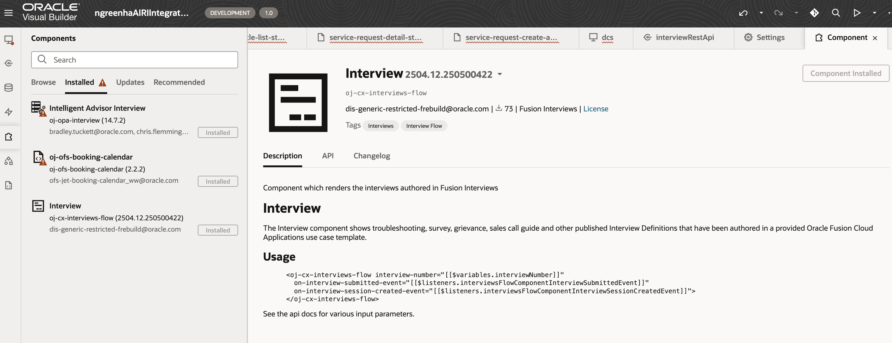 Detail of the oj-cx-interview-flow as an installed DCS component