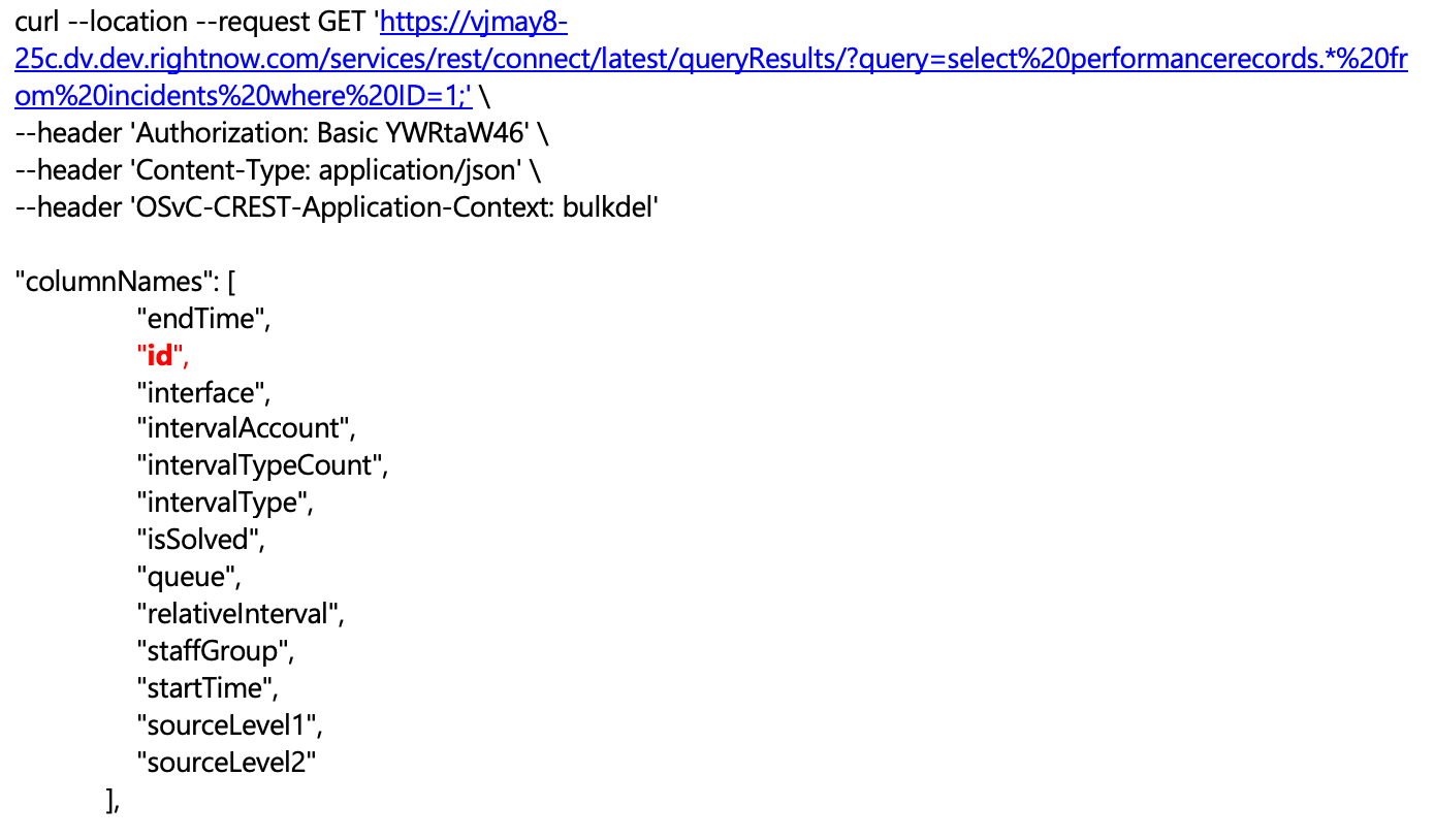 CURL request showing Inc Performance ID via ROQL