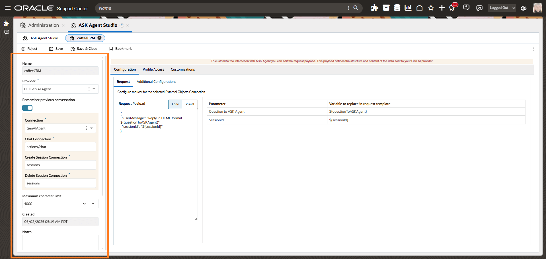 Configuration Panel – Left Side of ASK Agent Studio