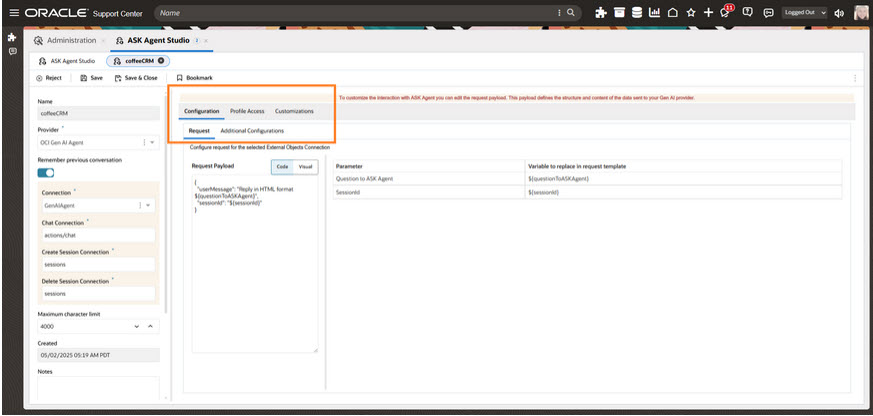 Configuration Panel - Right Side of ASK Agent Studio