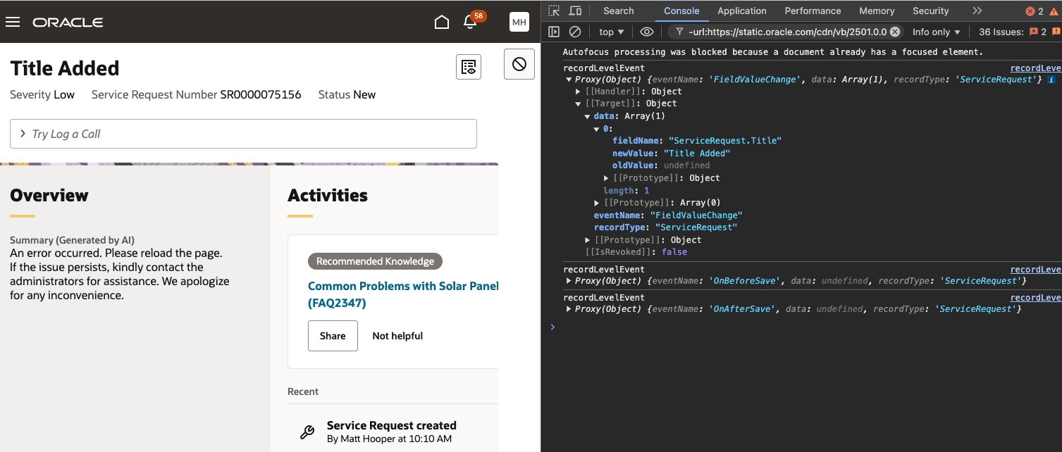 Create an sr, add title and save. The recordLevelEvents fired can be seen in the console.