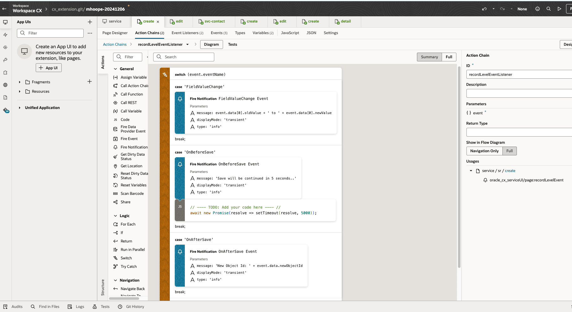 Given below is a detailed usage of how the event listener execution flow is branched based on the event name.