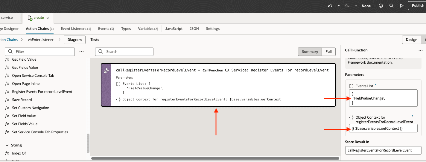 Update events list with the three events array and uefContext as objectContext