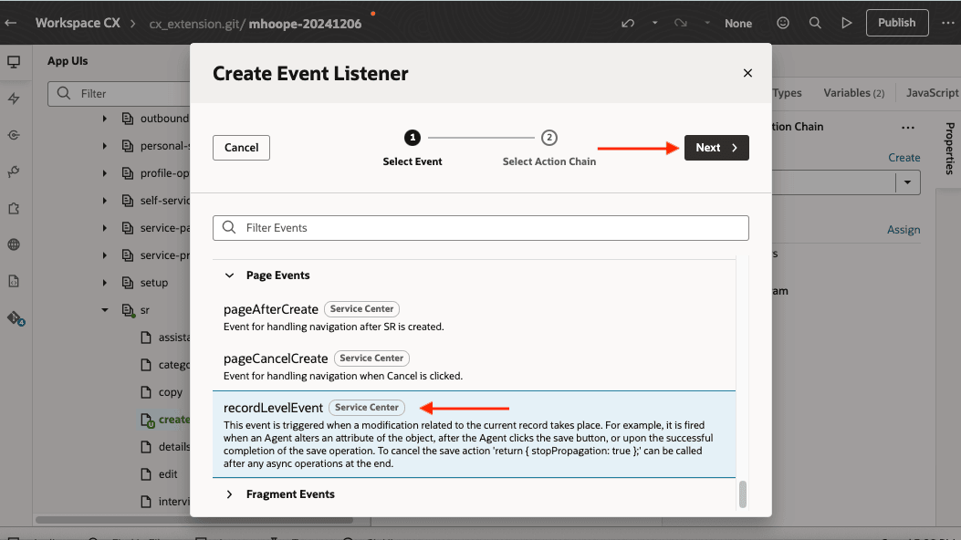 Create event listener for record level event