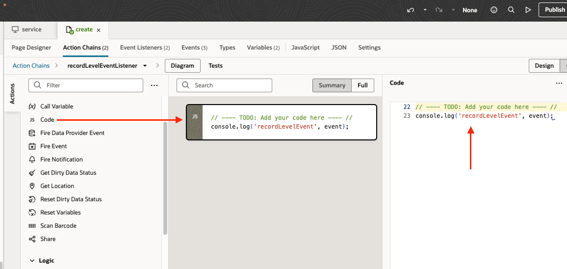 Drag code block and console the event