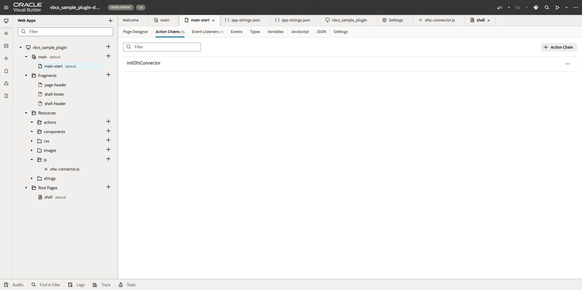 This screenshot shows adding a new action chain in Visual Builder.