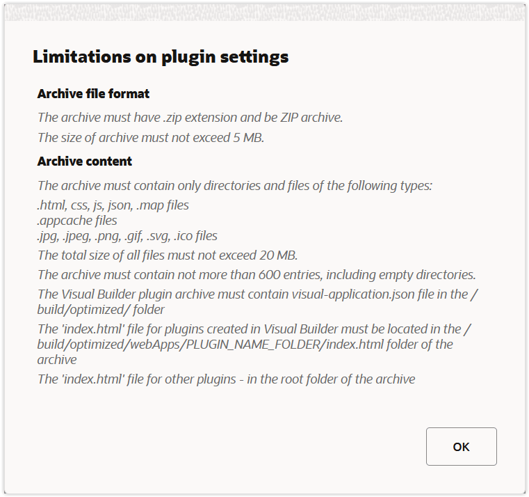 This screenshot shows the requirements for the plugin archive.
