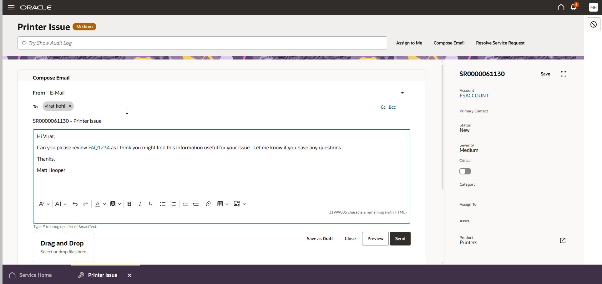 Compose Email Showing KM Article Styled as a Link