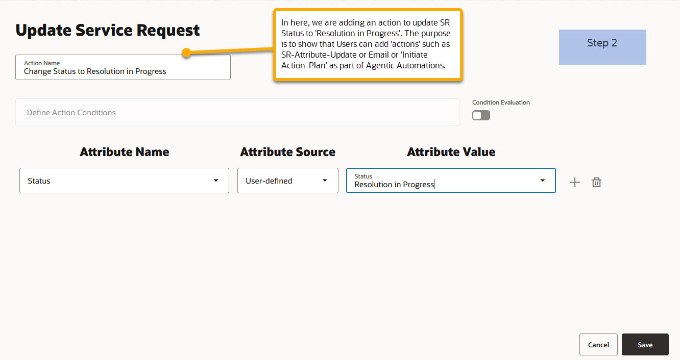 Resolution Agent workflow step 2 - Add an action to update SR Status to Resolution in progress