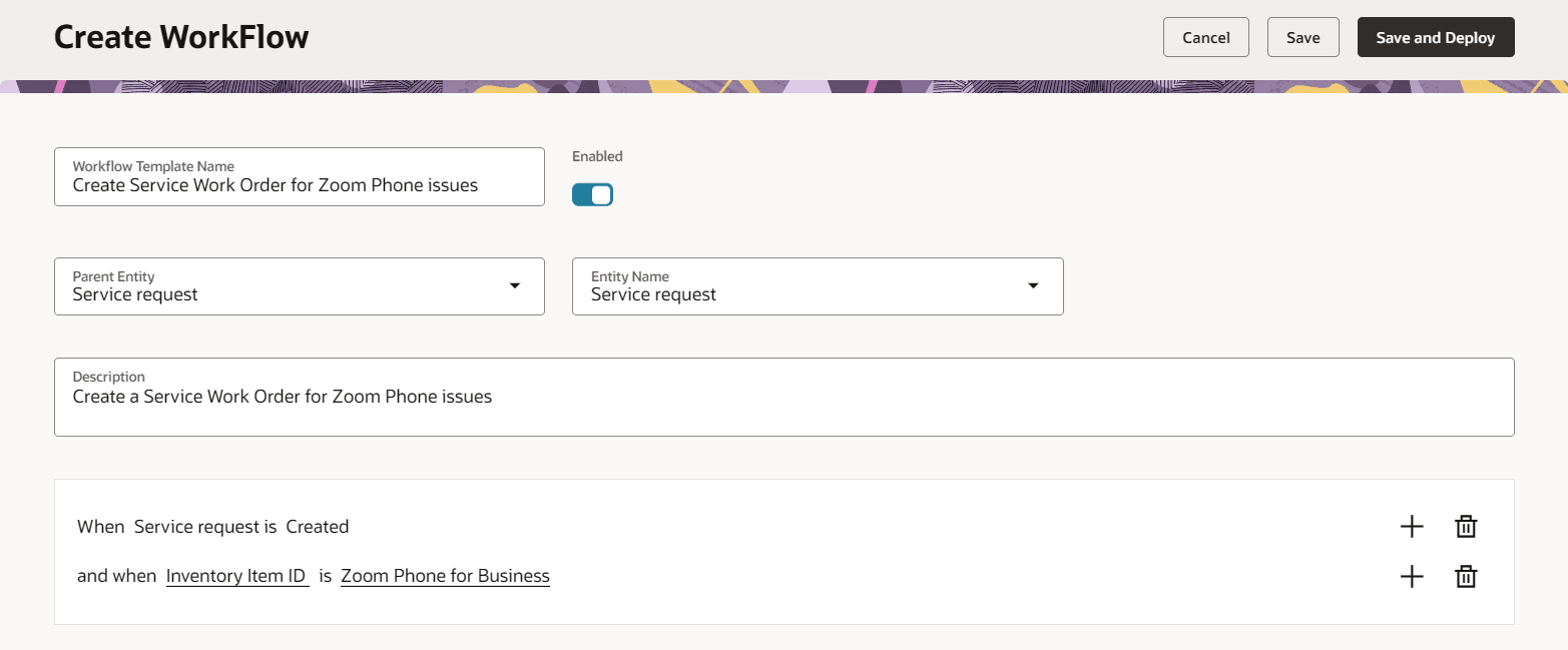 Service Workorder workflow - Step 1 - select conditions