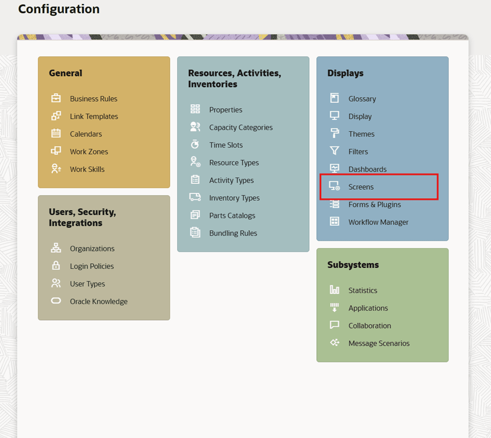 This screenshot shows the Screens option on the Configuration page.