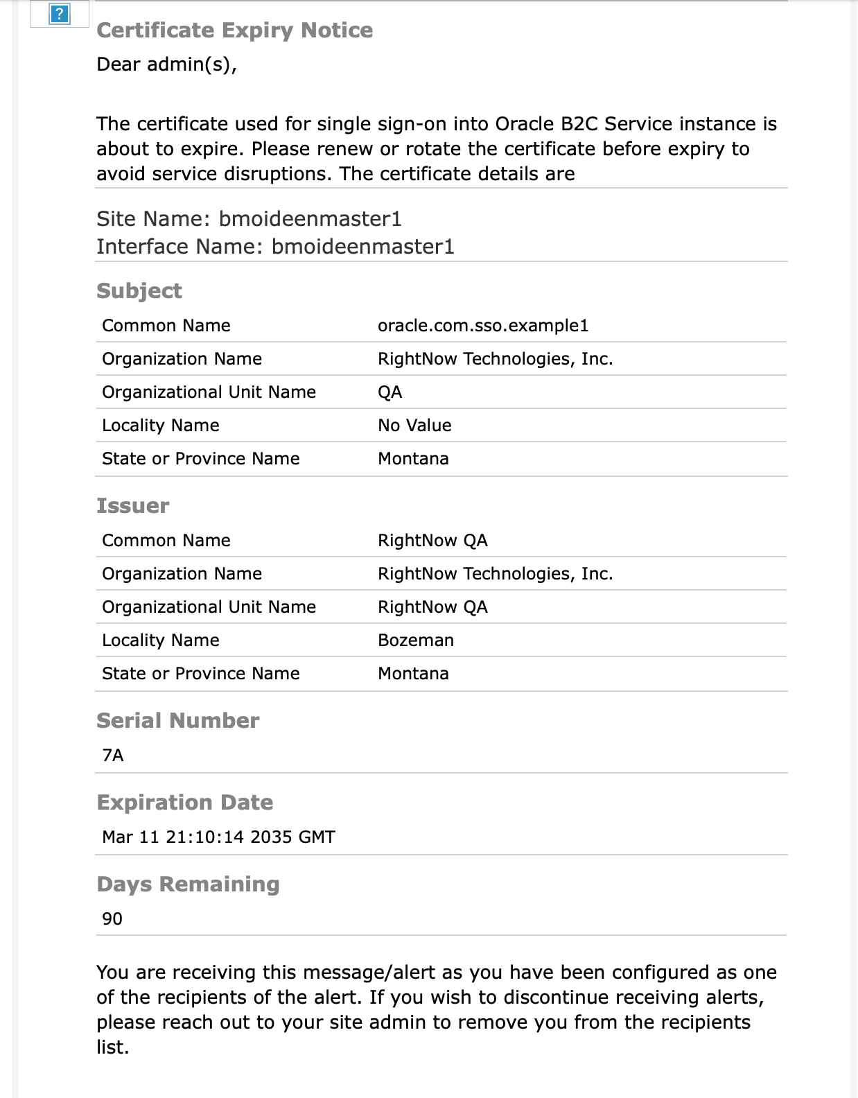 SSO Certification expiry email notification