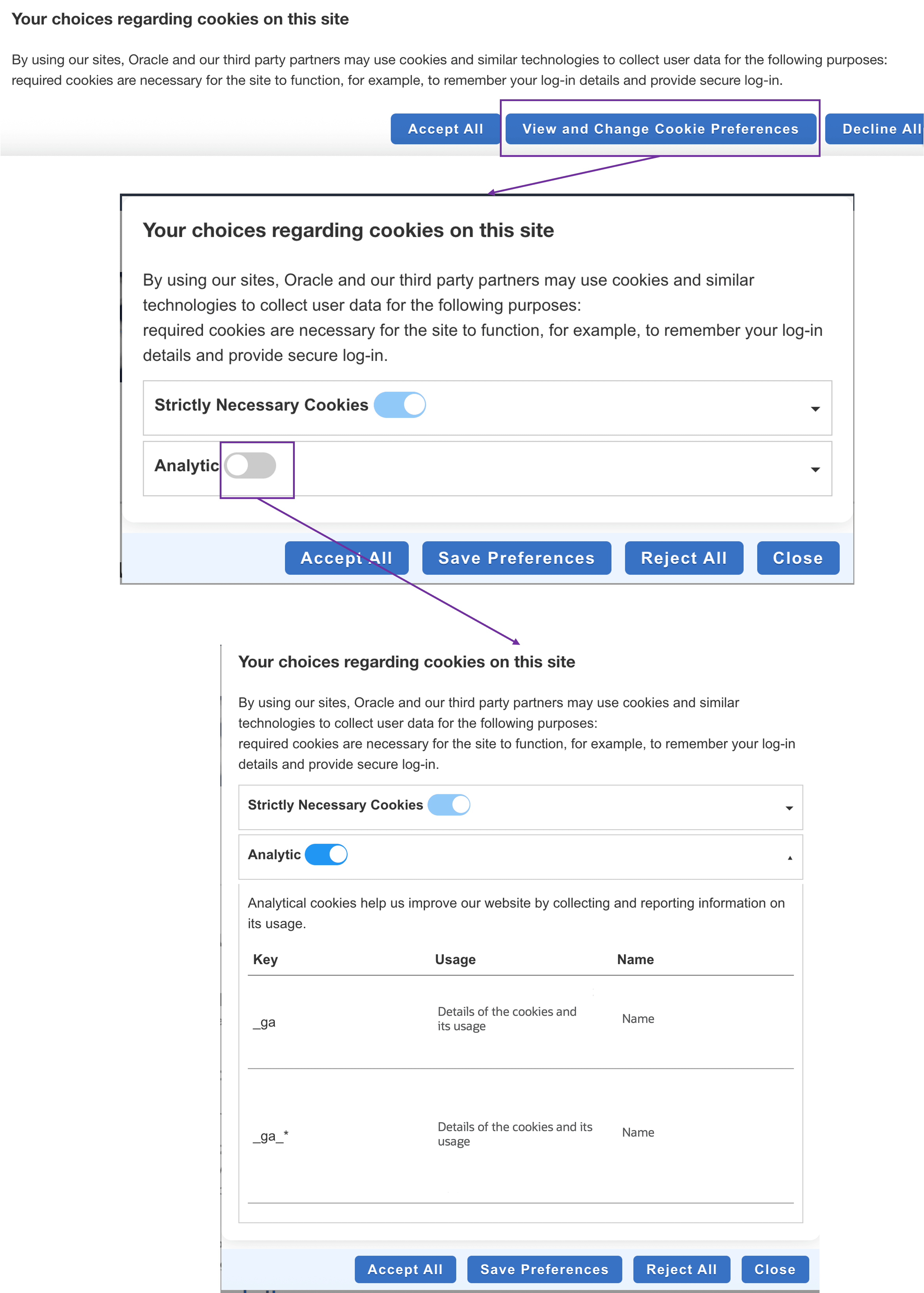 Example: Cookie Preferences widget configured and visible to an end user in an example Customer Portal 