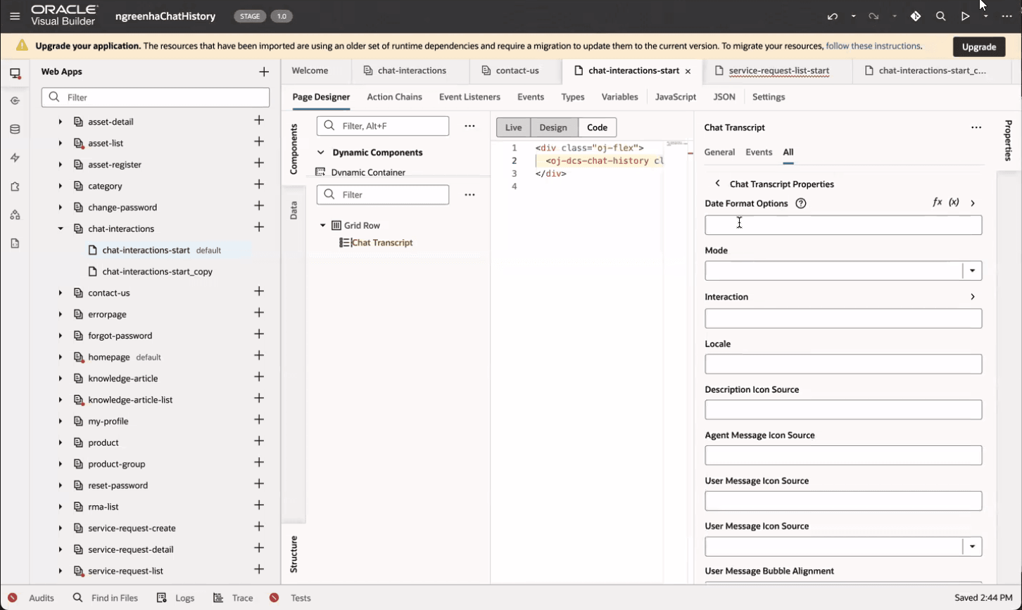 Chat History Component Properties in Visual Builder editor
