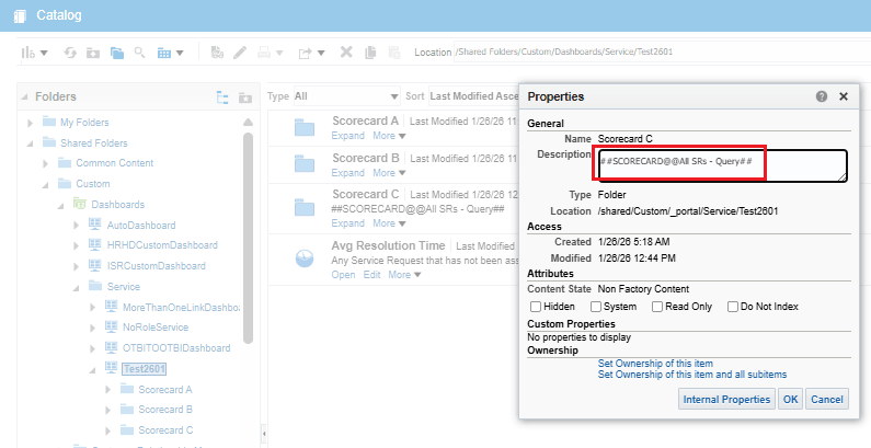 Description attribute of the scorecard subfolder