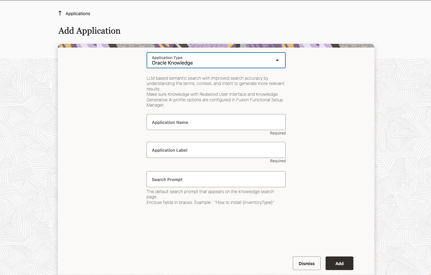 This screenshot shows the Add Application page, where you can configure the Oracle Knowledge Management application.