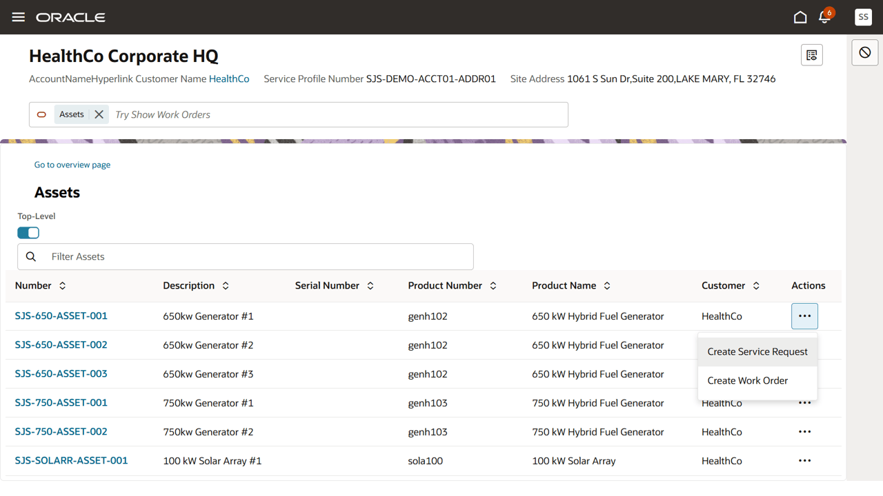 Create a Service Request or Work Order for a service profile asset