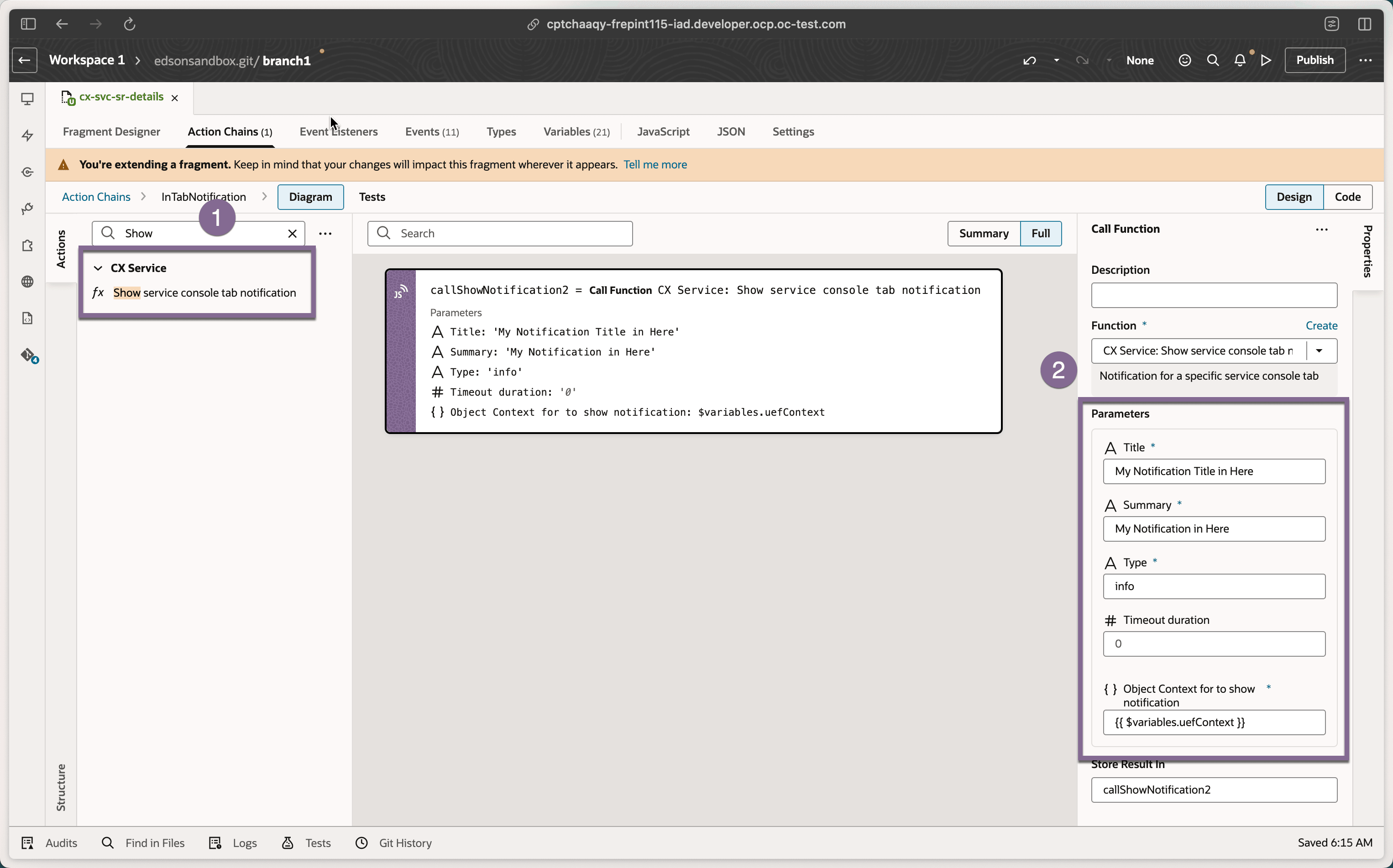 Show Notification In-Tab CX Service Action