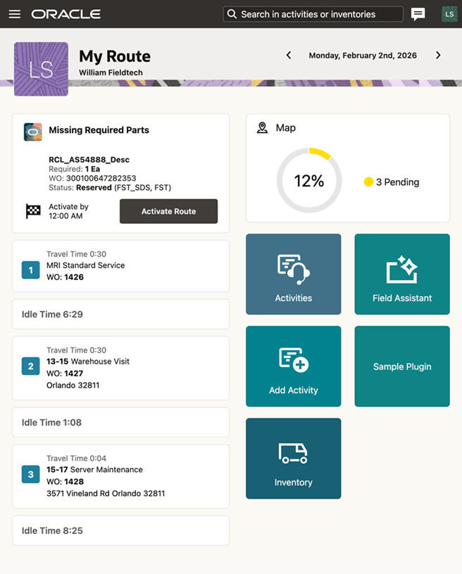 My Route page displaying Missing Required Parts section