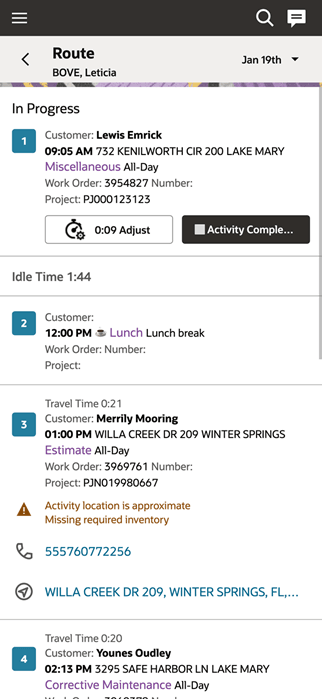 My Route page showing an activity with In Progress status