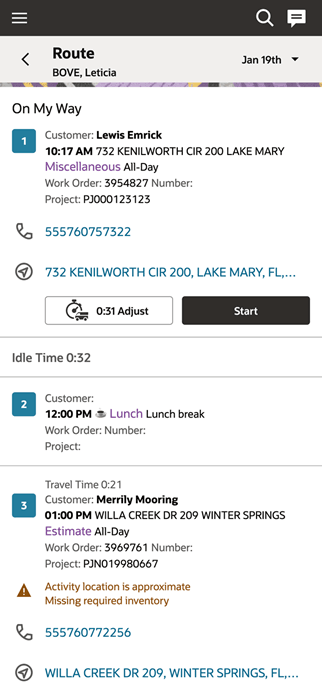 My Route page showing an activity with On My Way status