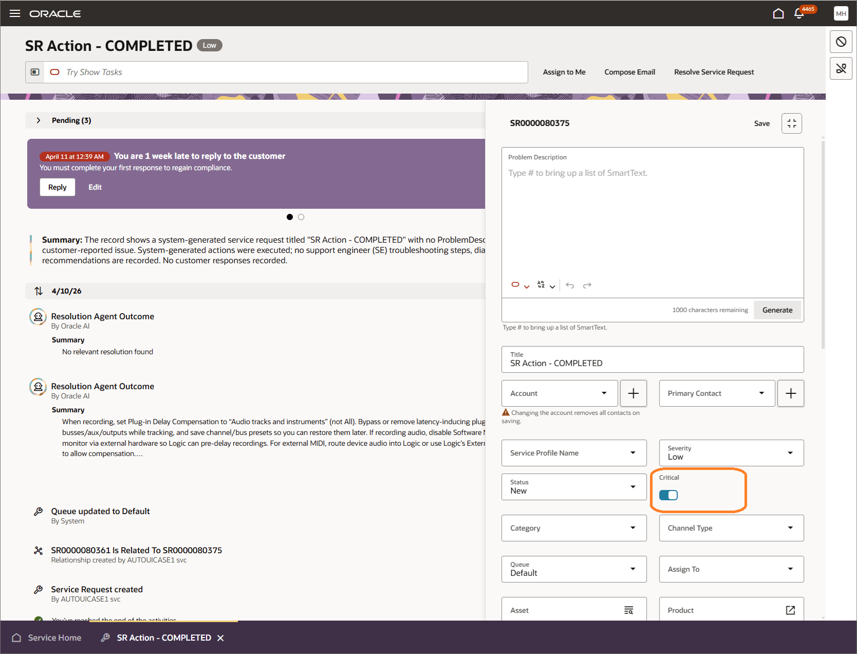 Critical Option Displays on the Extended SR Details Page