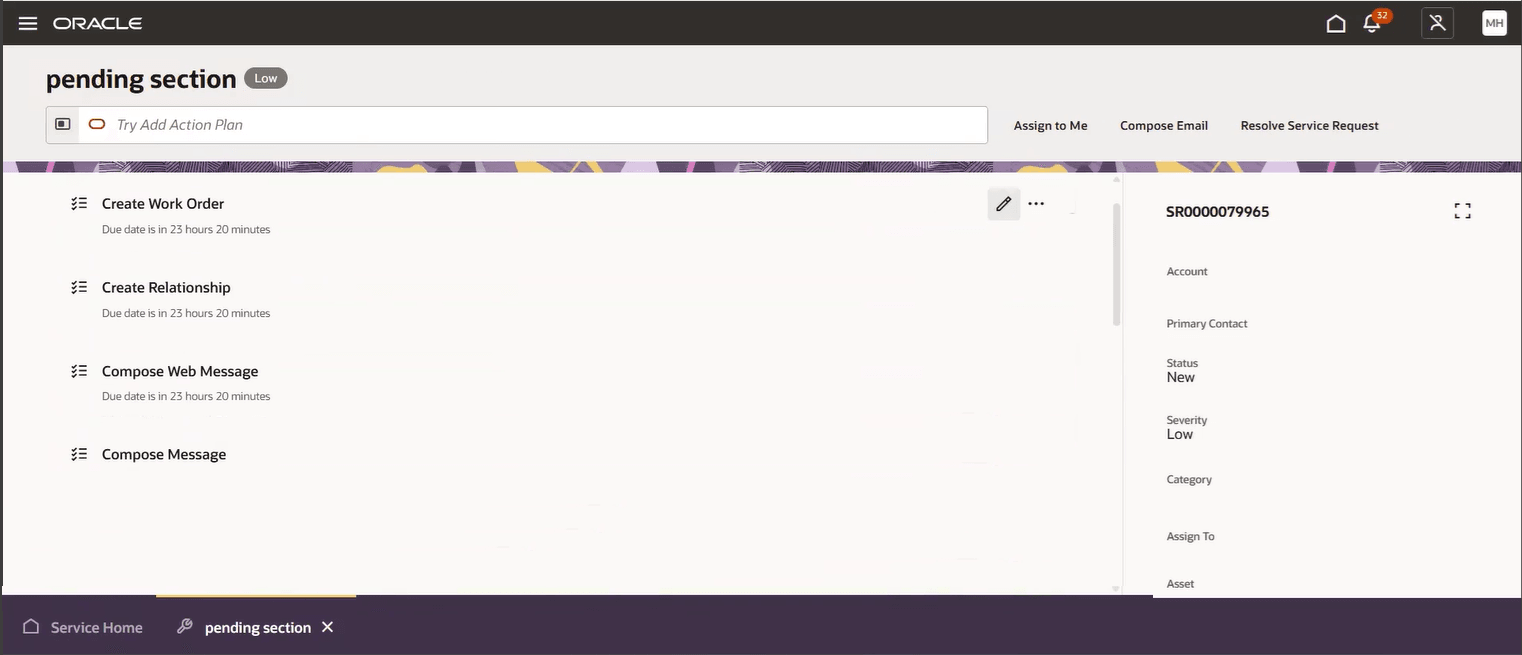 Create Work Order, Relationship, Compose Web Message or Message from the Pending Section of an SR