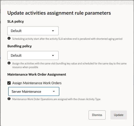 This screenshot shows the Update activities assignment rule parameters section on the Routing Plan page.