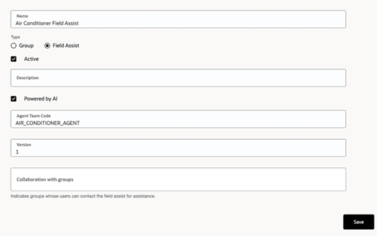 Screenshot showing the configuration details to enable Field Assist AI Agent Support in Fusion Field Service.