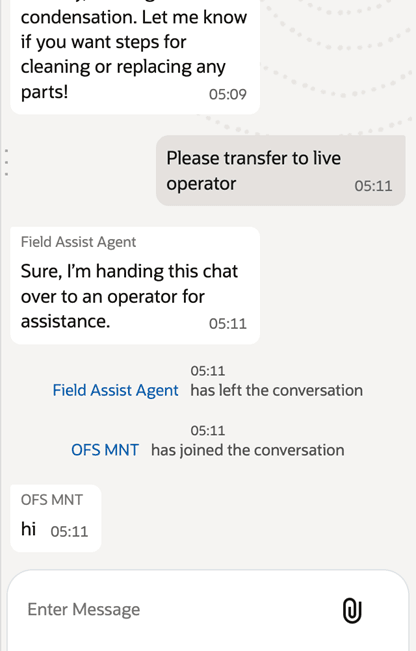 Screenshot showing the Field Assist AI Agent transferring the chat to live operator.