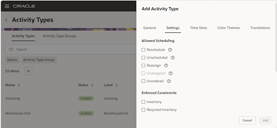 This screenshot shows the Activity Types page with the Add Activity Type drawer.