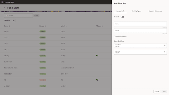 This screenshot shows the Time Slots page with Add Time Slot drawer.
