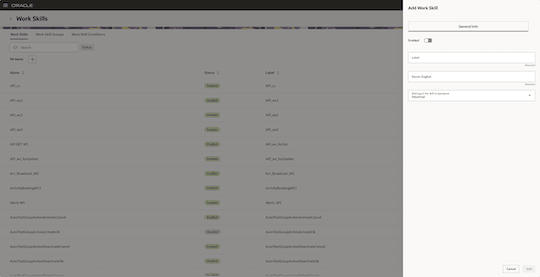 This screenshot shows the Work Skills page with Add Work Skill drawer.