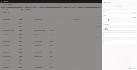 This screenshot shows the Work Zones page with Add Work Zone drawer.