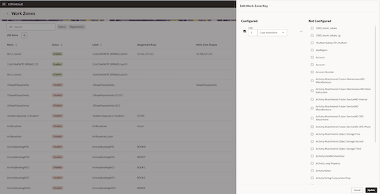 This screenshot shows the Work Zones page with Edit Work Zone Key drawer.