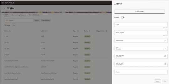 This screenshot shows the Shifts page with Add Shift drawer.