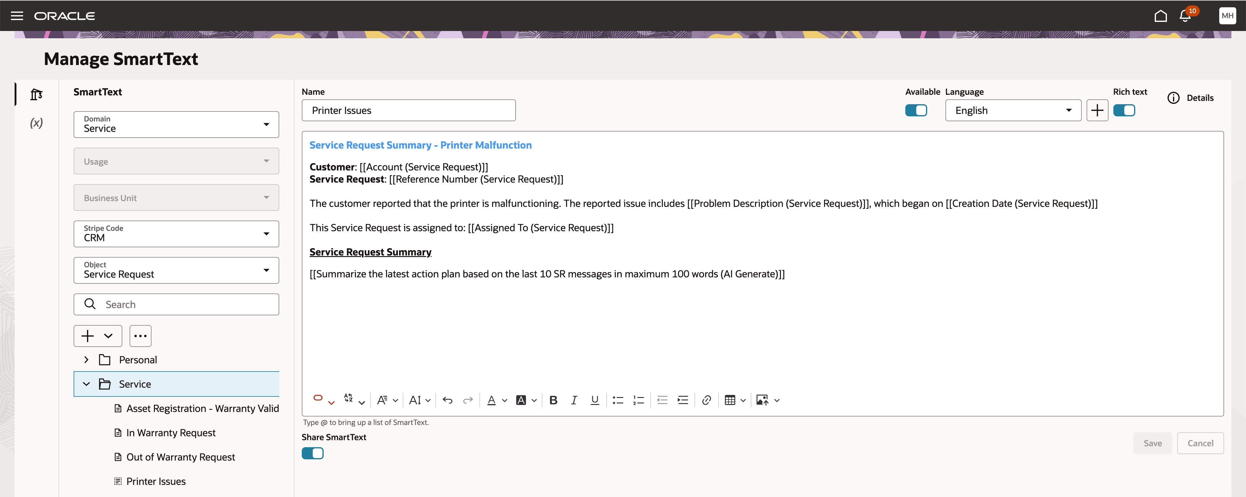 Manage SmartText