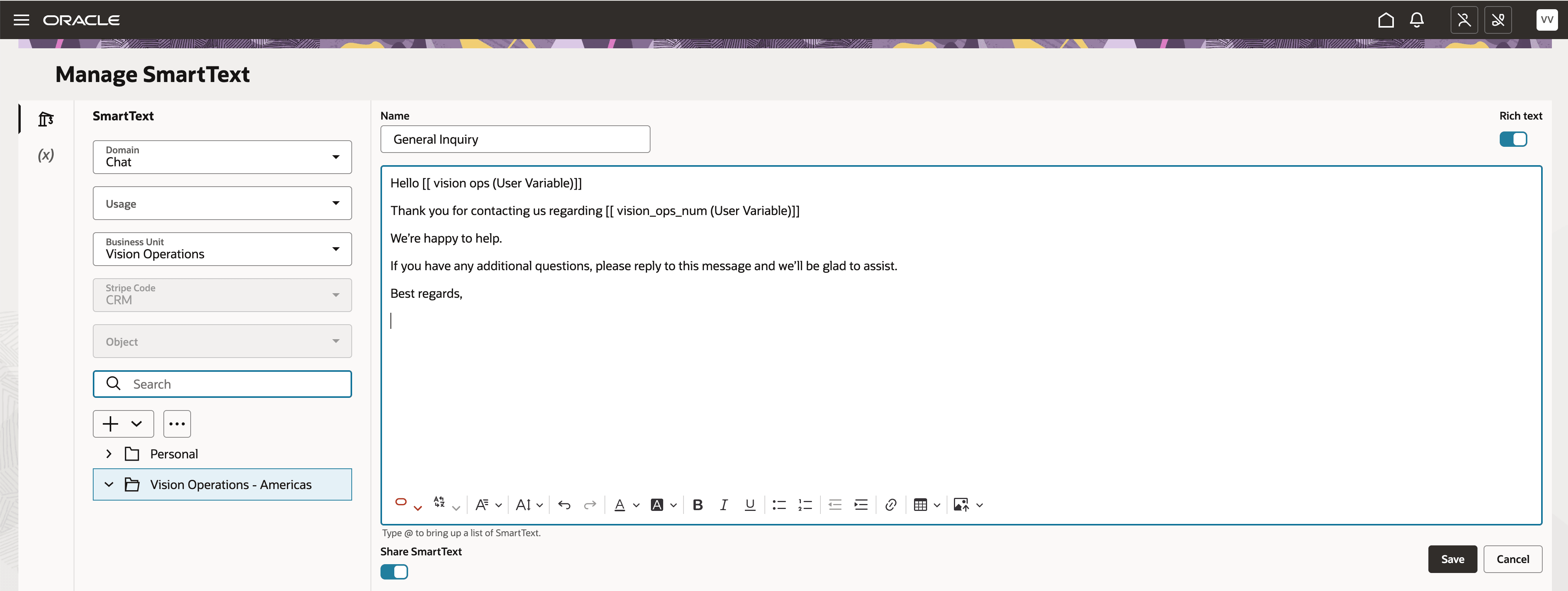 SmartText Authoring for a Chat to include the BU