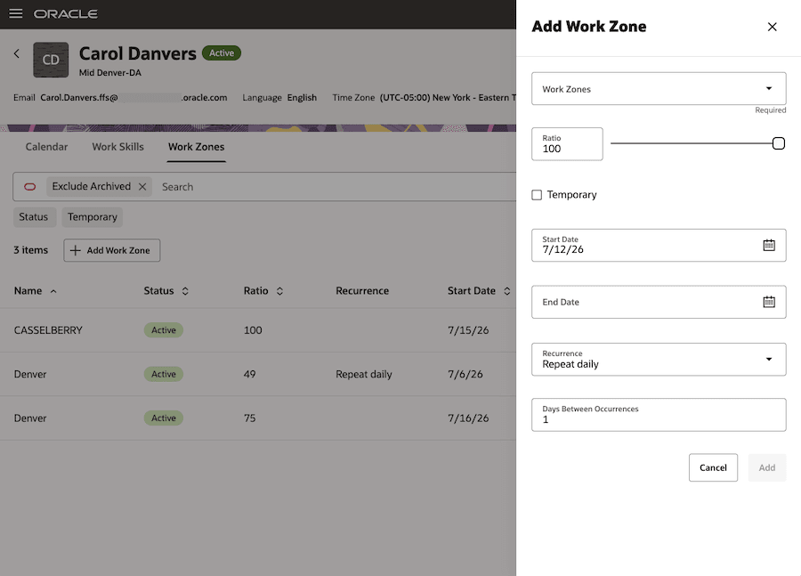 This screenshot shows the Add Work Zone drawer with the Temporary checkbox.