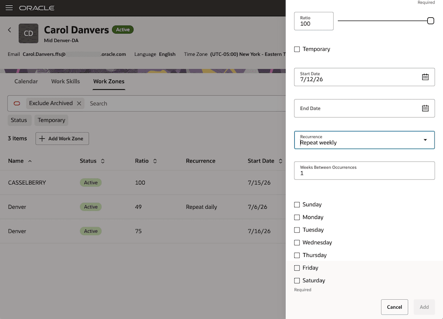 This screenshot shows the Add Work Zone drawer with the Recurrence fields.